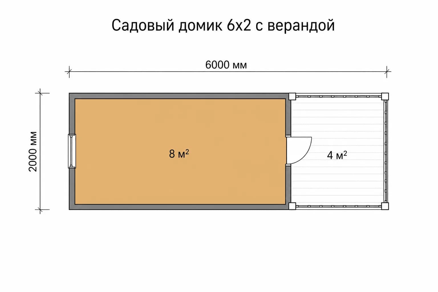 Планировка: Садовый домик 6х2 с верандой