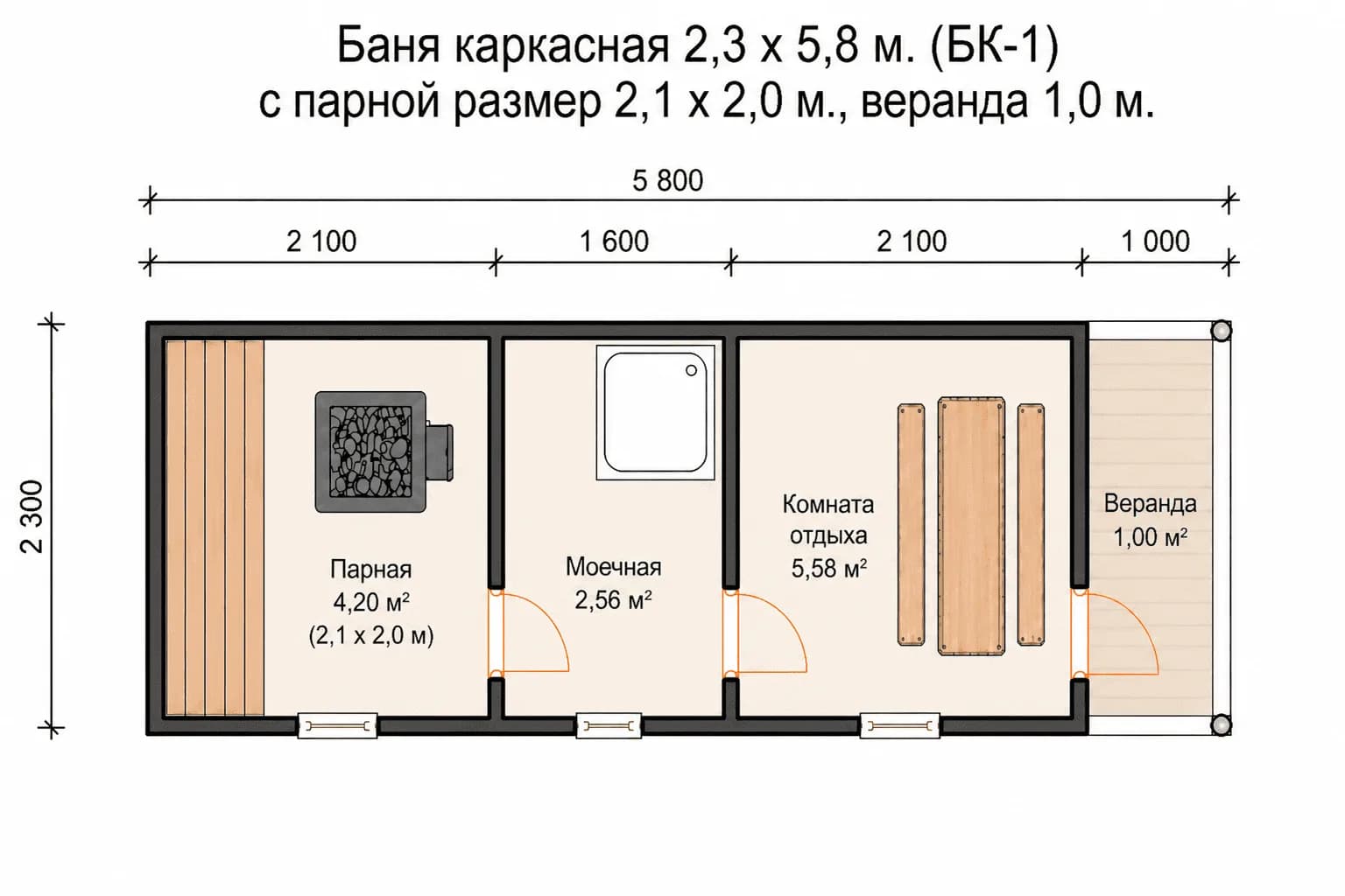 Планировка: Баня каркасная 2,3 х 5,8 м. (БК-1) с парной размер 2,1 х 2,0 м., веранда 1,0 м.