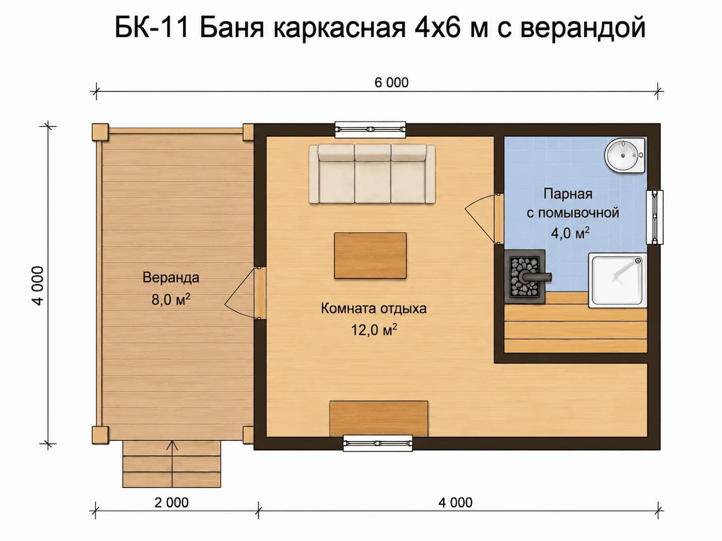 Планировка: Баня каркасная 4х6 м с верандой, наружная отделка имитация бруса. БК-11