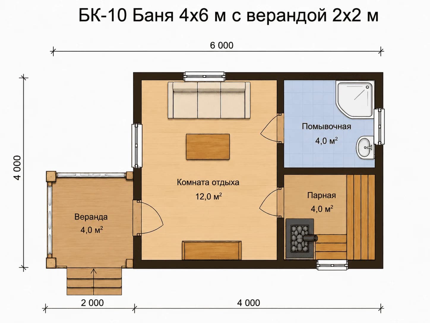 Планировка: БК-10 Баня 4х6 м с верандой 2х2 м, наружная отделка имитация бруса, парная 2х2 м.