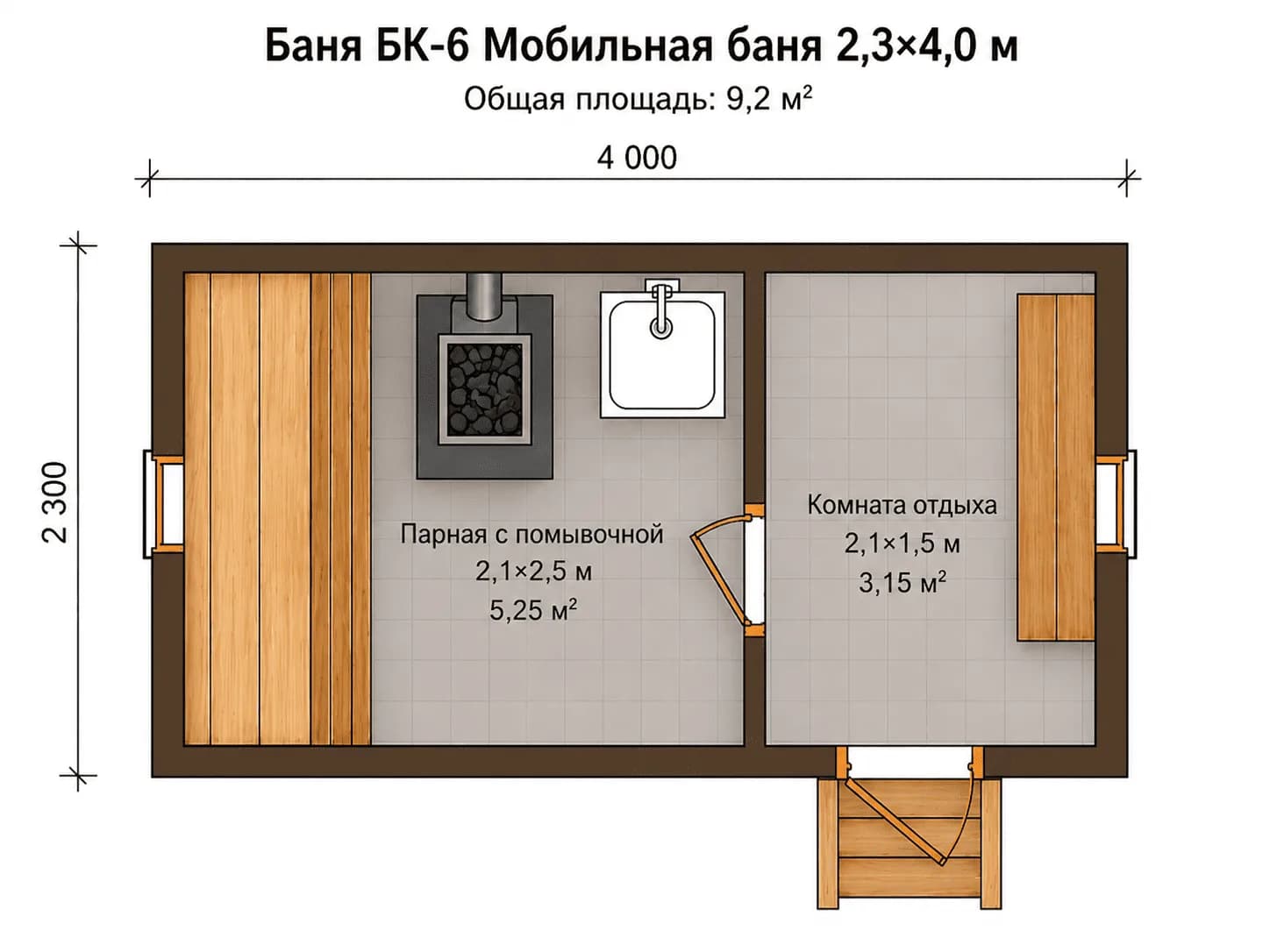 Планировка: БК-6 Мобильная баня 2,3х4,0 м парная с помывочной - 2,1х2,5м, наружняя отделка имитация бруса