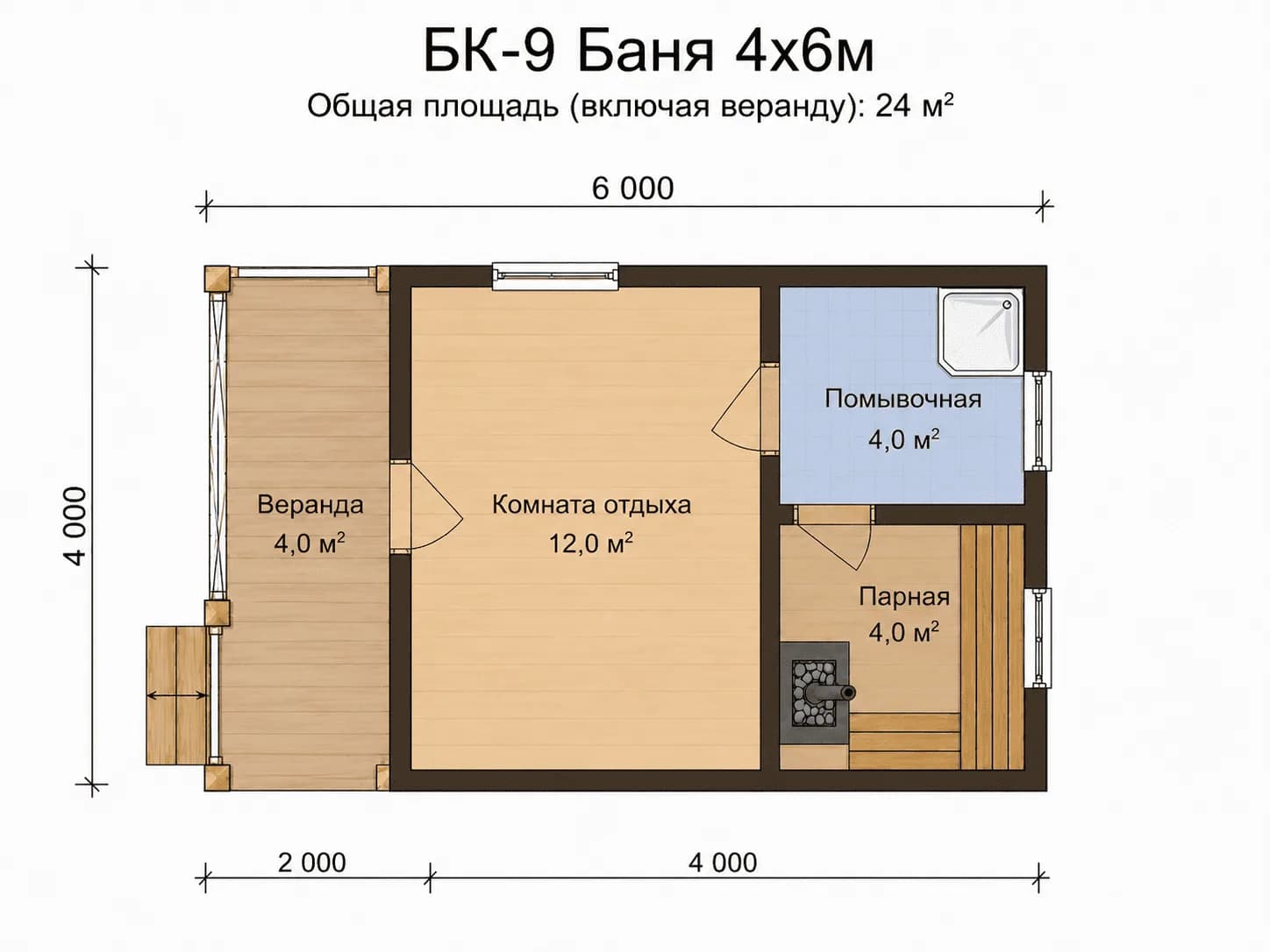 Планировка: БК-9 Баня 4х6м, веранда 2х2 м, наружная отделка вагонка, парная 2х2 м