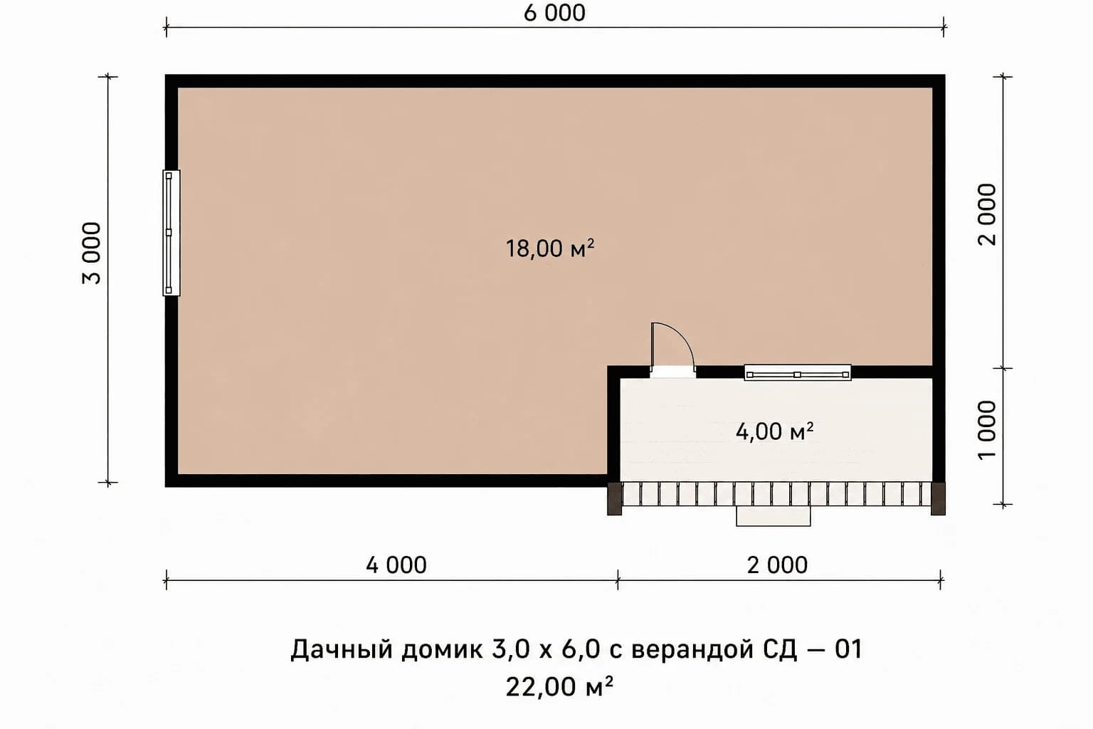 Планировка: Дачный домик 3,0 х 6,0 с верандой СД — 01