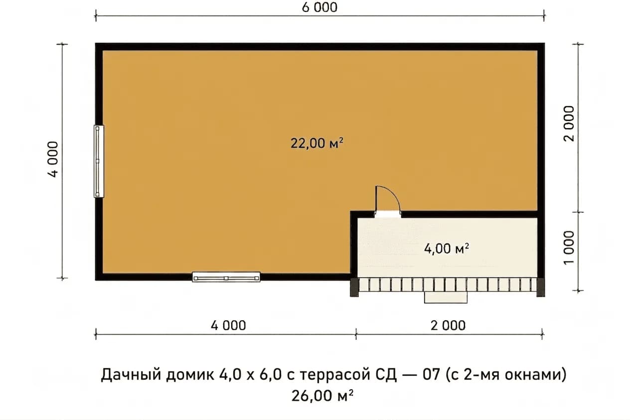 Планировка: Дачный домик 4,0 х 6,0 с террасой СД — 07