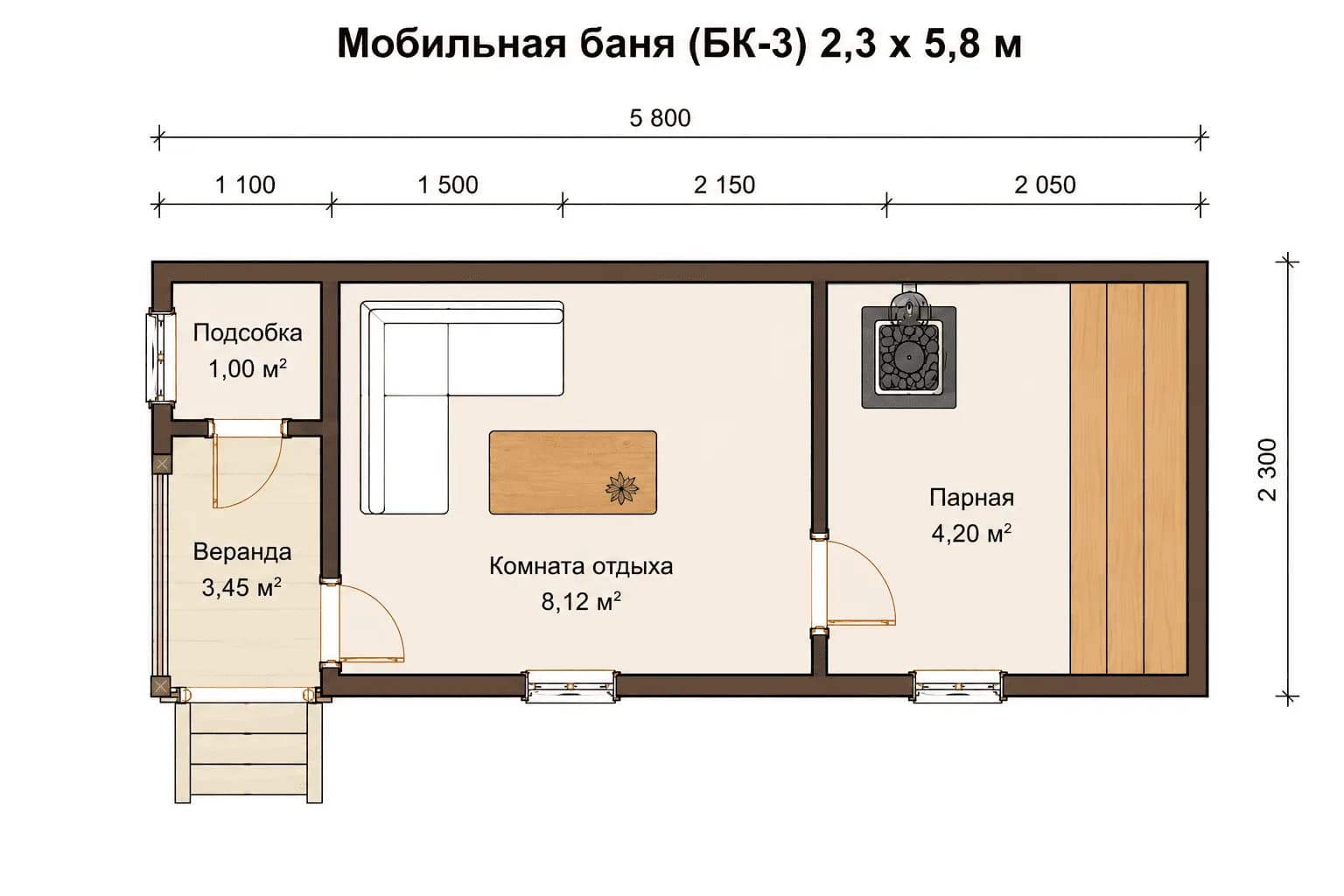 Планировка: Мобильная баня (БК-3) 2,3 х 5,8 м. с верандой и подсобкой 1х1 м., с парной - 2,1х2,0м, наружняя отделка имитация бруса