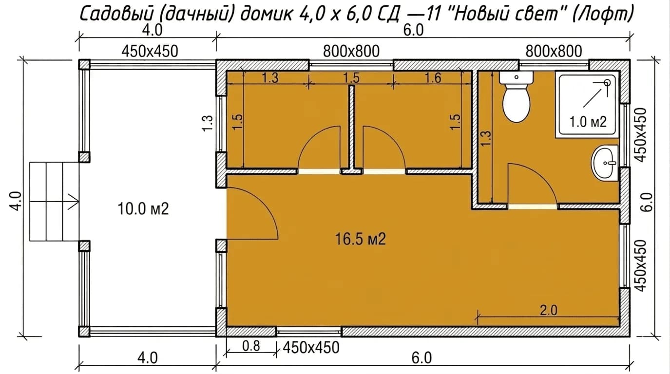 Планировка: Садовый (дачный) домик 4,0 х 6,0 СД —11 "Новый свет" (Лофт)