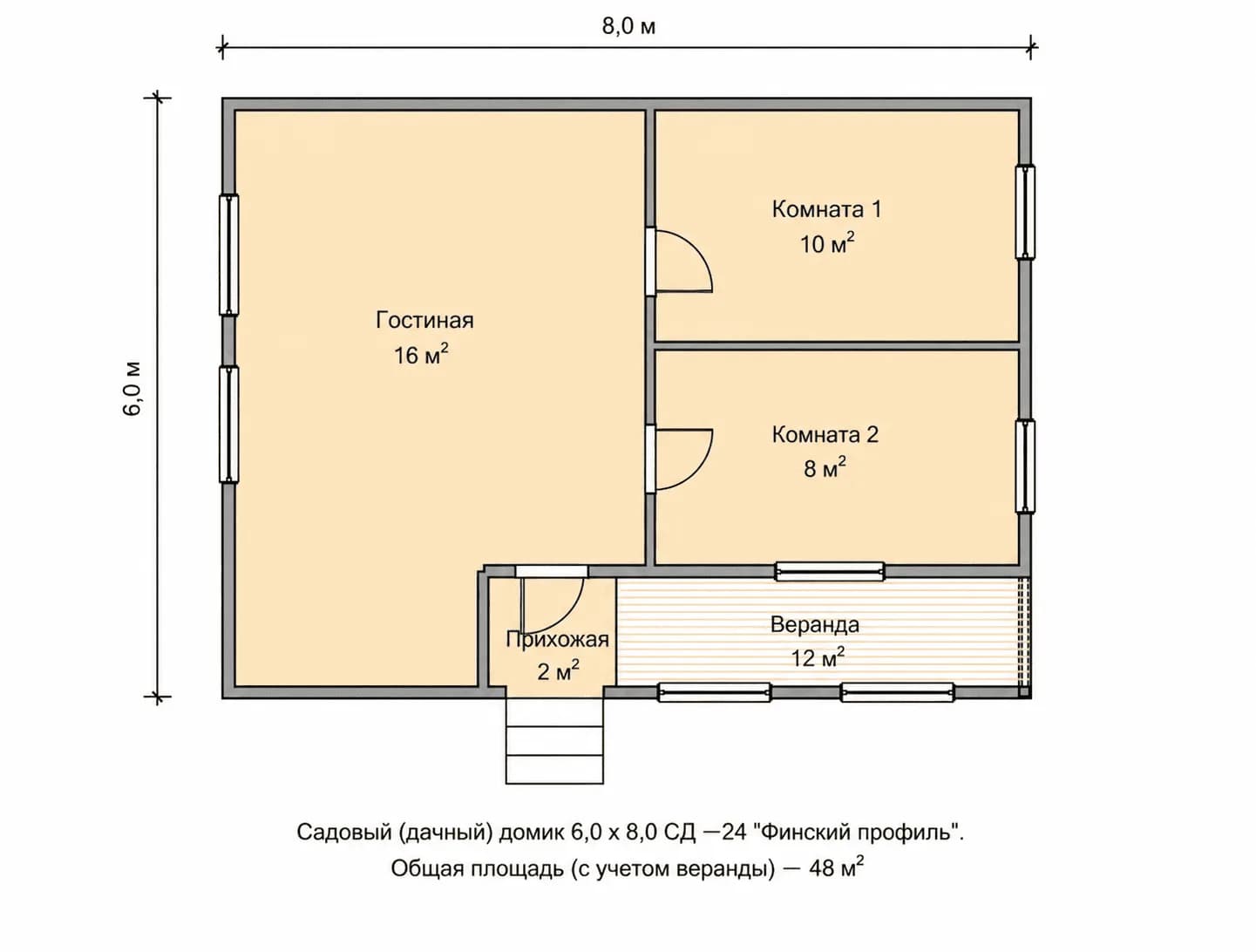 Планировка: Садовый (дачный) домик 6,0 х 8,0 СД —24 "Финский профиль"