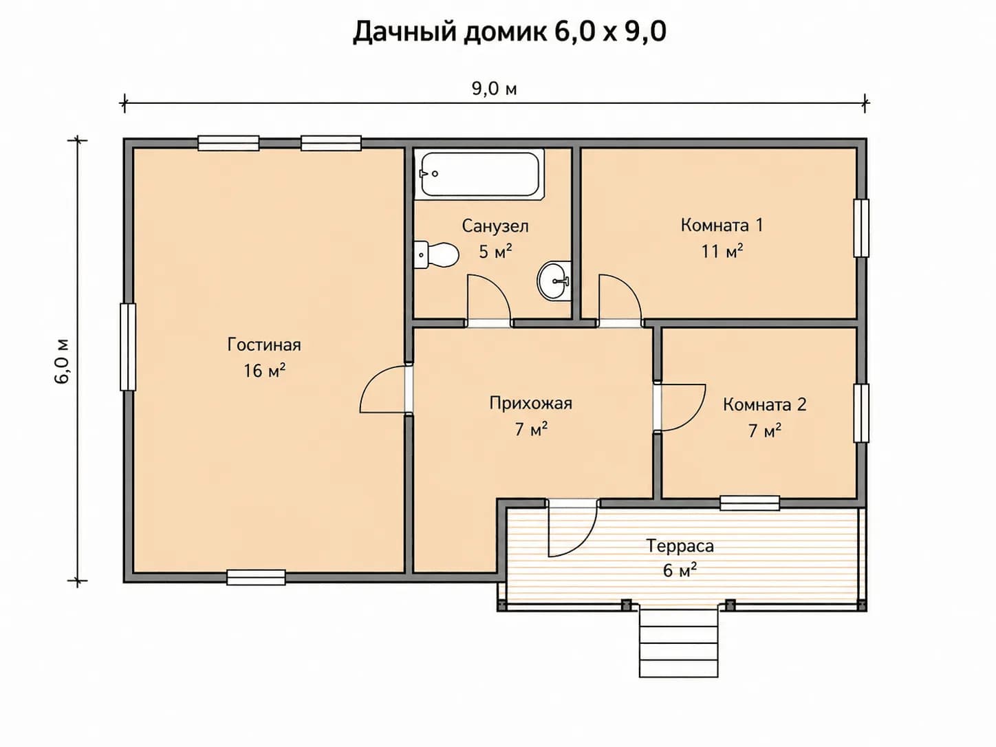 Планировка: Садовый (дачный) домик 6,0 х 9,0 СД — 26