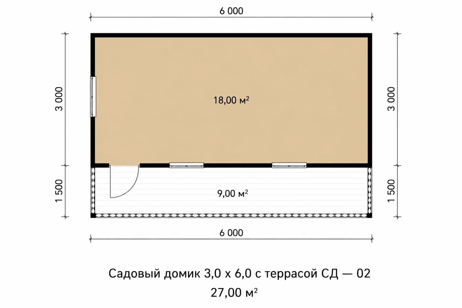 Планировка: Садовый домик 3,0 х 6,0 с террасой СД — 02
